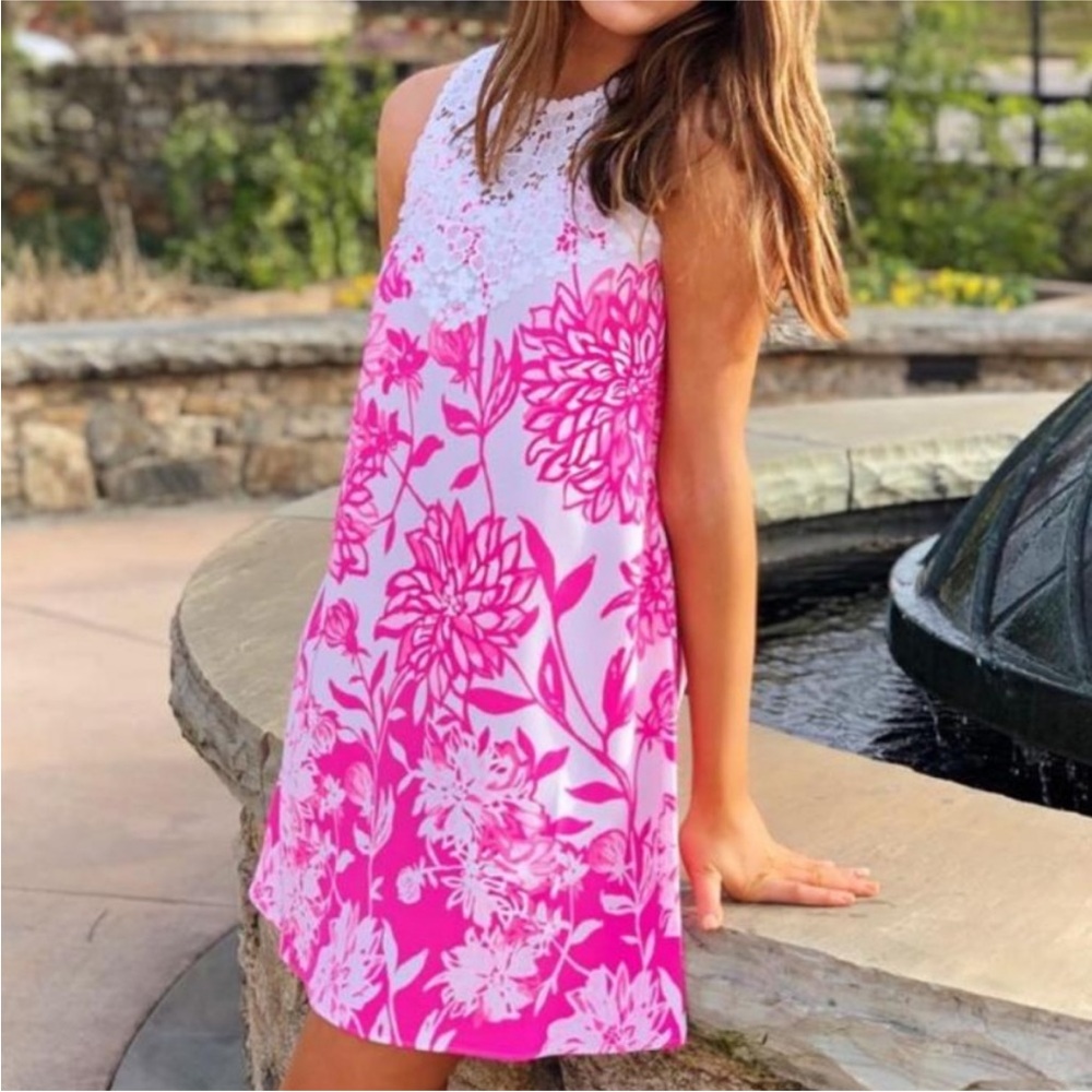 Lilly Pulitzer Caliente Pink White Floral Nala Lace Trimmed Shift Dress